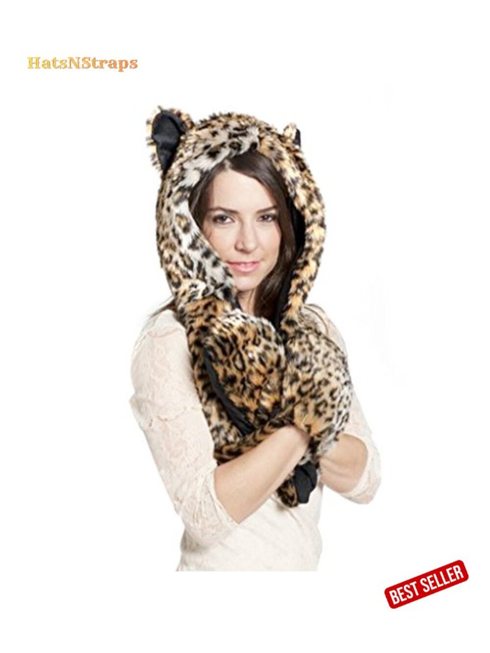 Faux Fur 3-in-1 Animal Hood Scarf Mittens Set with Ear Flaps